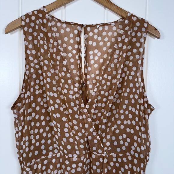 Calvin Klein Dress 14 Tan White Polka Dot Chiffon V-Neck Faux Wrap Lined Dress - Picture 7 of 12